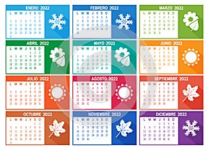 2022 year Spanish calendar. Week starts on Lunes Monday. Vector photo