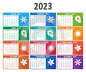 2023 year Spanish calendar. Week starts on Lunes Monday. Vector photo