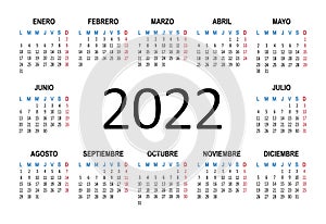 2022 year Spanish calendar. Week starts from Lunes Monday. Vector photo