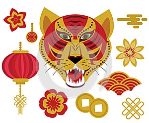 Year of the tiger 2022 chinese horoscope icons set. Chinese New Year collection of design elements with tiger, paper