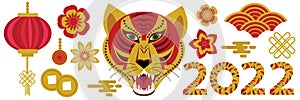 Year of the tiger 2022 chinese horoscope icons set. Chinese New Year collection of design elements with tiger, paper