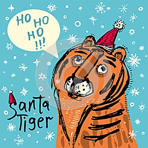 Year of tiger. 2022. Comic illustration of Santa Tiger.