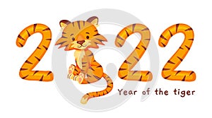 Year of the tiger 2022 template, chinese new year symbol. Cute baby wild cat animal character with orange striped