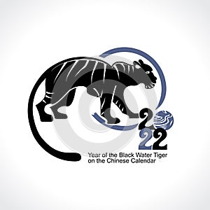 Year of the Tiger 2022. Year of the black water tiger on the Chinese calendar. Black Tiger Zodiac symbol. Chinese New Year.