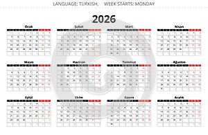 2026 year turkish calendar. Vector illustration Turkey