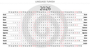 2026 year turkish linear calendar. Vector illustration for Turkey - takvimi