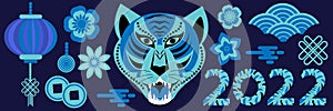 Year water blue tiger 2022 chinese horoscope icons set. Chinese New Year collection of design elements with tiger, paper