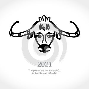 The year of the white metal Ox in the Chinese calendar. 2021. Black ink brush bull portrait. Vector element for New Year`s design