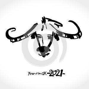 The year of the white metal Ox in the Chinese calendar. 2021. Black ink brush bull portrait. Vector element for New Year`s design