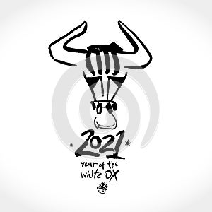 The year of the white metal Ox in the Chinese calendar. 2021. Black ink brush bull portrait. Vector element for New Year`s design