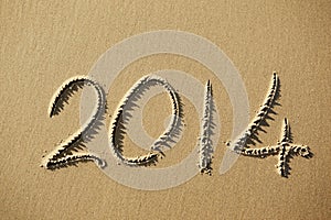 2014 year written on the beach sand