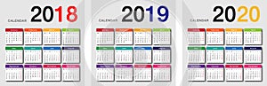 Year 2018 and Year 2019 and Year 2020 calendar horizontal vector design template