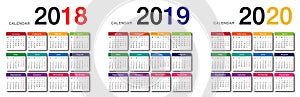 Year 2018 and Year 2019 and Year 2020 calendar vector design template, simple and clean design.