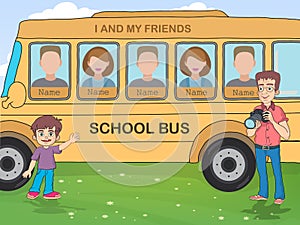 Yearbook with boy , photographer and school bus