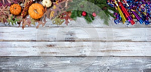 Yearend seasonal holidays on rustic white wood