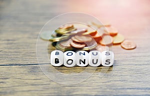 Yearly Bonus concept / words of Bonus and Stack coins