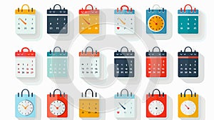 Yearly calendar icons set, all twelve months with different designs, showing calendar elements for each month. photo