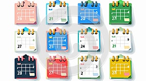 Yearly calendar icons set, all twelve months with different designs, showing calendar elements for each month. photo