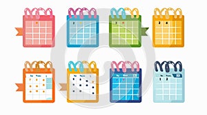 Yearly calendar icons set, all twelve months with different designs, showing calendar elements for each month. photo
