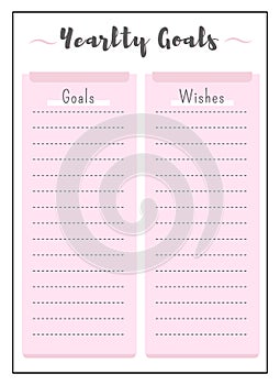 Yearly goals and wishes pink creative planner page design