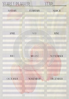 Yearly planner pages templates. Organizer page, yearly and monthly control book.