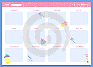 Yearly planner template. Organizer year calendar, business schedule