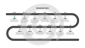 Yearly roadmap with monthly milestones on white background. Horizontal infographic timeline template for presentation. Vector