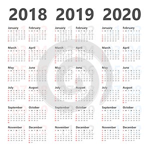 Yearly Wall Calendar Planner for next 3 years. 2018 to 2020 vector template