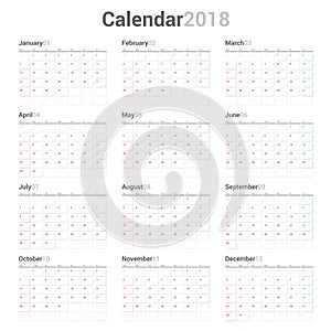 Yearly Wall Calendar Planner Template for 2018.Week Starts Sunday.