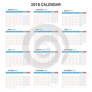 Yearly Wall Calendar Planner Template for 2018 Year. Vector Design Print Template.