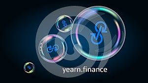 Yearn.finance YFI token symbol in soap bubble, DeFi project decentralized finance. photo