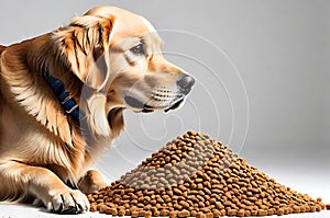 Yearning Feast: Golden Retriever Gazing Longingly at a Neat Pile of Kibble Stark Against a Pristine White Background