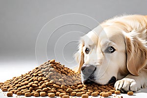 Yearning Feast: Golden Retriever Gazing Longingly at a Neat Pile of Kibble Stark Against a Pristine White Background