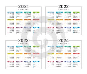 Years 2021 2022 2023 2024 colorful calendars