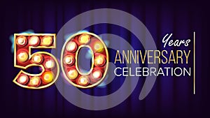 50 Years Anniversary Banner Vector. Fifty, Fiftieth Celebration. Lamp Background Digits. For Happy Birthday Luxurious