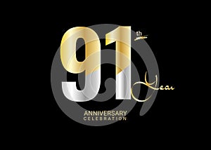 91 Years Anniversary Celebration gold and silver Vector Template, 91 number logo design, 91th Birthday Logo, logotype Anniversary photo