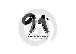 91 Years Anniversary Celebration logo black paintbrush vector, 91 number logo design, 91th Birthday Logo, happy Anniversary, photo