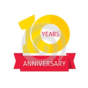 10 years anniversary logo with red ribbon vector icon, flat 10th year birthday party sign or label isolated on white