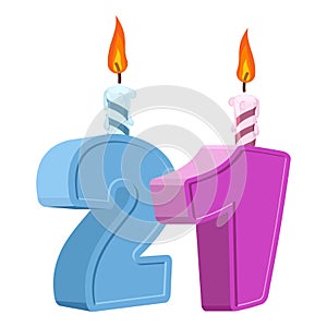 21 years birthday. Number with festive candle for holiday cake.