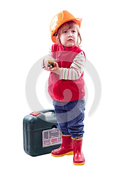 2 years child in hardhat with tools