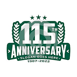 115 years anniversary logo design template. 115th anniversary celebration logotype.