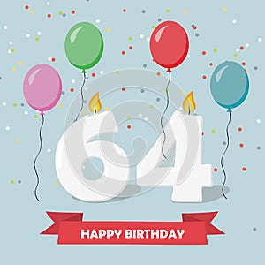 64 years selebration. Happy Birthday greeting card with candles, confetti and balloons photo