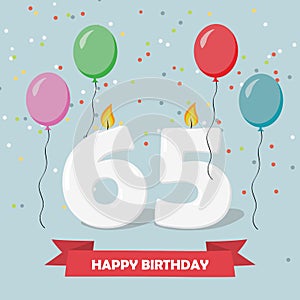 65 years selebration. Happy Birthday greeting card with candles, confetti and balloons photo