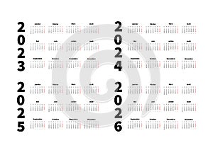 2023, 2024, 2025, 2026 years simple horizontal calendars set in french language, typographic calendars on white photo