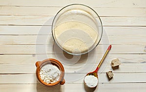 Yeast dough in a bowl, a ceramic pot with flour and a wooden painted spoon, top view