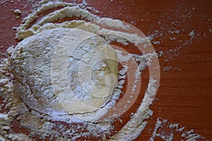 yeast dough with flour in the home kitchen close-up. soft focus