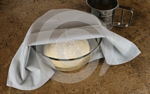 Yeast dough, sourdough, opara in a glass container under a gray linen towel and a sieve for flour on a brown background