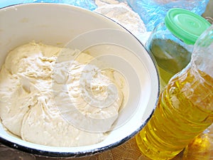 Yeast dough in tureen photo
