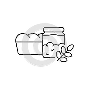 Yeast starter for wheat bread. Linear icon of sourdough in jar, loaf of bread, ear of grain. Black illustration of homemade