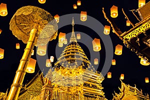 Yee peng festival and sky lanterns at Wat Phra That Doi Suthep in Chiang Mai, Thailand.